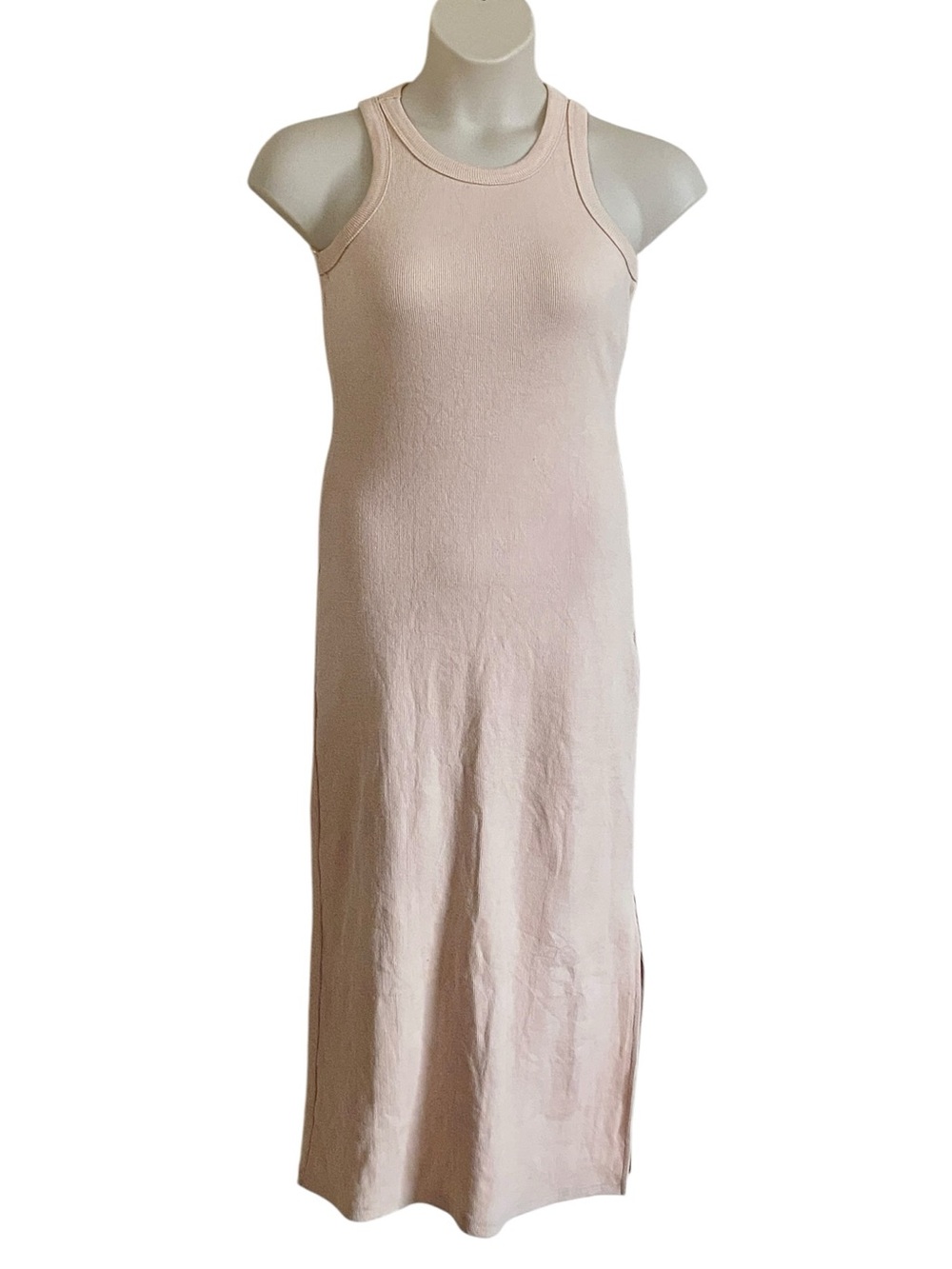 Mable Oatmeal Beige Ribbed Knit Racerback Midi Tank Dress Sz L - Picture 3 of 15